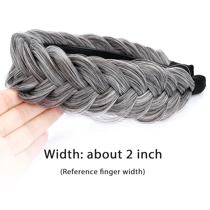 DIGUAN Wide Messy Braided Headband With Teeth Synthetic Hair Plaited Headband High Elasticity Braids Chunky Fishtail Braided Hair Band Hairpiece for Girls Women Beauty Accessory (Salt Pepper)
