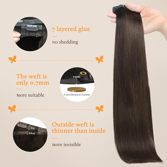 DOORES Clip in Hair Extensions, Light Dark Brown 130g 7pcs 18 Inch, Seamless Weft Invisible Edge Clip in Hair Extensions Long Straight Weft