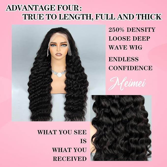 250% Density HD Full Lace Front Wigs Human Hair Loose Wave 100% Real Human Hair 15A Full 13x4 Large Lace Space Loose Deep Wave Wig, No Synthetic Blend Tangle Free Shedding Free Triple Lifespan 3X