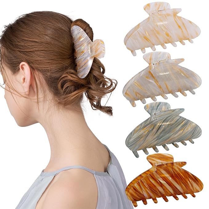 4 Pack Large Cute Acrylic Hair Claw Clips for Women, Strong Hold Non-Slip Barrettes for Thick Hair - Mermaid Striped Design Hair Accessories