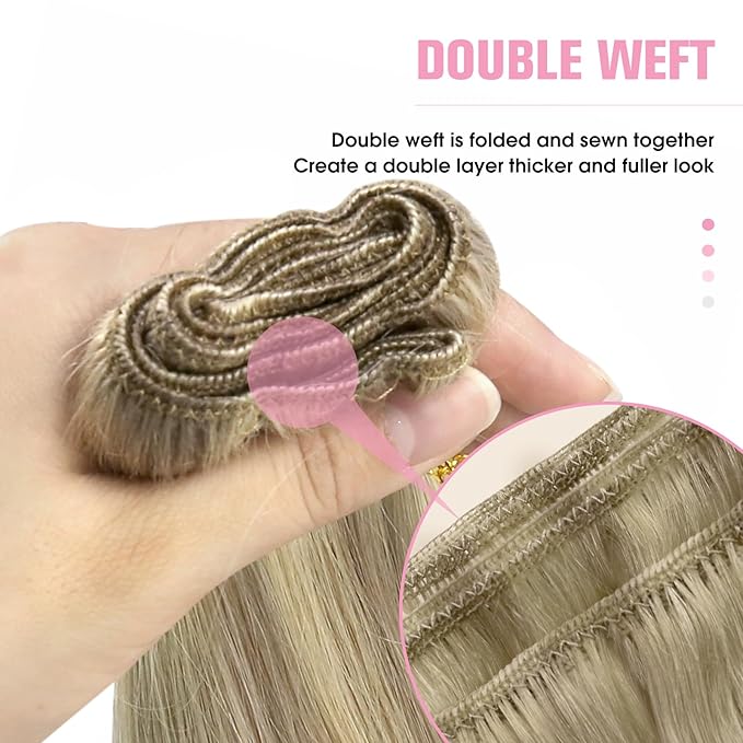 YoungSee Sew in Hair Extensions Real Human Hair Highlight Hair Extensions Weft Dark Ash Blonde Highlighted Light Blonde Full Head Sew in Bundles Human Hair 16Inch 100G