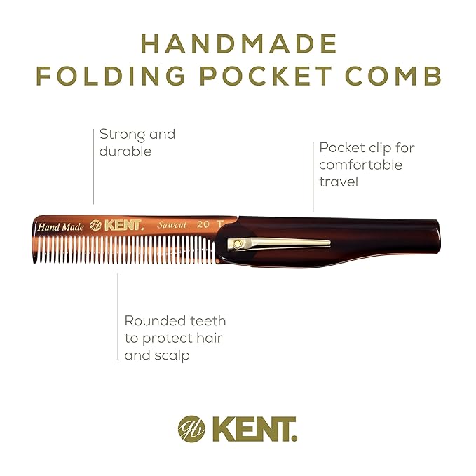 Kent 20T Handmade Folding Pocket Comb for Men, Fine Tooth Hair Comb Straightener for Everyday Grooming Styling Hair, Beard or Mustache, Use Dry or with Balms, Saw Cut Hand Polished, Made in England