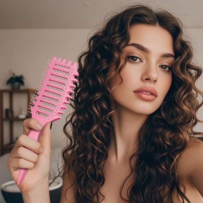 Curl Defining Brush, 4-in-1 Curly Hair Brush – Flexible Styling Brushes for Women and Men, Curls Detangling Hairbrush Featuring a Crescent Shape and Ultra-Smooth Bristles for Wet & Dry Hair - Pink