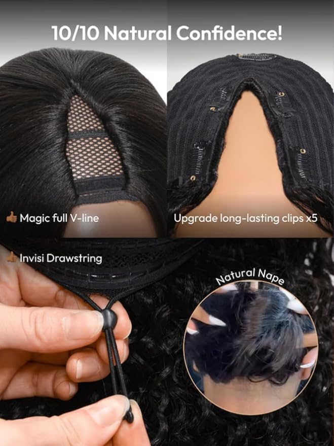 KLAIYI EasiContour V Part Wig Human Hair Body Wave Glueless Upgrade U Part Wig No Leave Out No Gel Clip in Half Wig V Shape Pull and Go Beginner Friendly Ready to Wear Natural Black Color 150% 14Inch