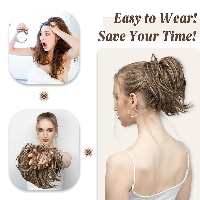 SARLA Messy Hair Bun Hair Pieces Curly Synthetic Updo Fake Scrunchies Ponytail Extension for Women Light Auburn 1PCS