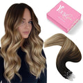YoungSee Micro Bead Hair Extensions Real Human Hair Balayage Microbead Hair Extensions Dark Brown Ombre Medium Browns with Blonde Beaded Hair Extension 22In Pre Bonded Hair Extension 50g 50s