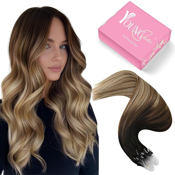 YoungSee Micro Bead Hair Extensions Real Human Hair Balayage Micro Loop Hair Extensions Ombre Dark Brown to Browns with Blonde Hair Extension Beaded Remy Hair Extension 50g 50s 18In Microring Hair