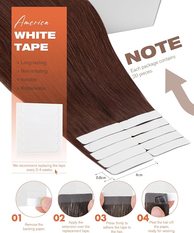 Sunny Hair Tape in Hair Extensions Real Human Hair Invisible Remy Hair Extensions Tape ins for Women Auburn Brown 18 inch 20Pcs 50G