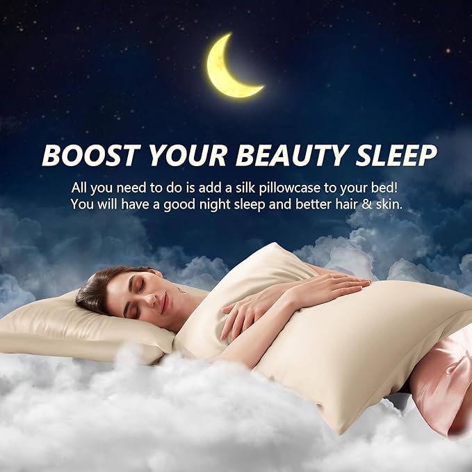 Silk Pillow Cases 2 Pack King Size Mulberry Silk Pillowcase Set of 2 for Hair & Skin 36 x 20 Inches 22 Momme Both Sided Grade 6A Silk Soft Breathable Cooling with Hidden Zipper, Beige