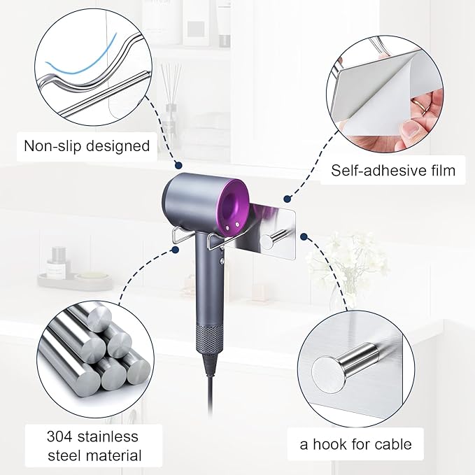 Blow Dryer Holder Wall Mounted, Hair Dryer Holder, Stainless Steel Hair Tool Organizer, Adhesive Hair Dryer Hook for Wall, Bathroom Hairdryer Holder for Blowdryer Storage