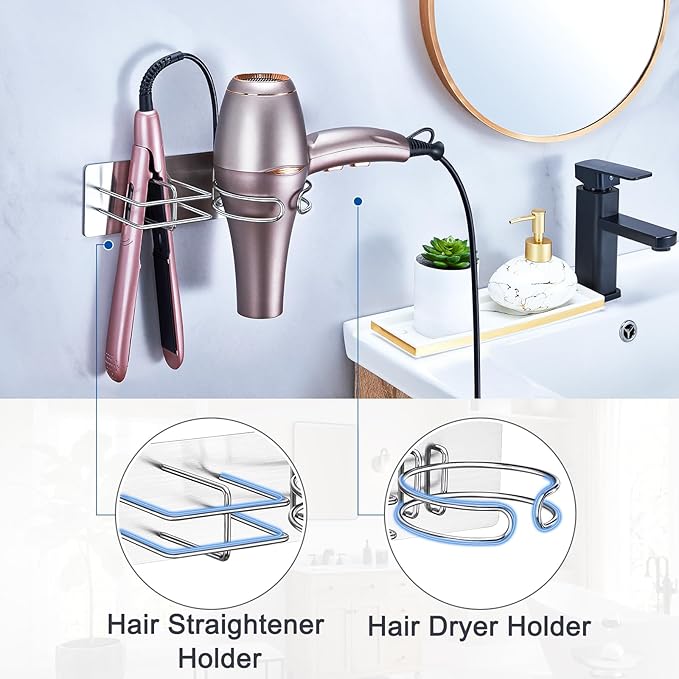 Hair Dryer and Straightener Holder Wall Mounted, Self Adhesive Blow Dryer and Flat Iron Storage Hair Tool Organizer for Bathroom Vanity (Silver)