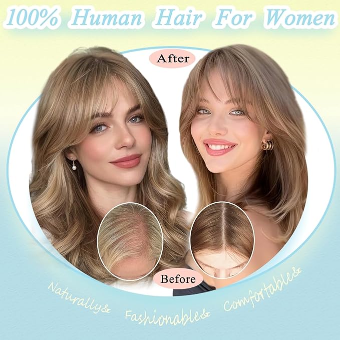 Hair Toppers for Women Real Human Hair, 360° 3D Toppers Pieces for Women with Thinning Crown Wispy Bangs 16 Inch Upgrade Big Basement (Light Brown, 16 Inch Wispy Bangs)