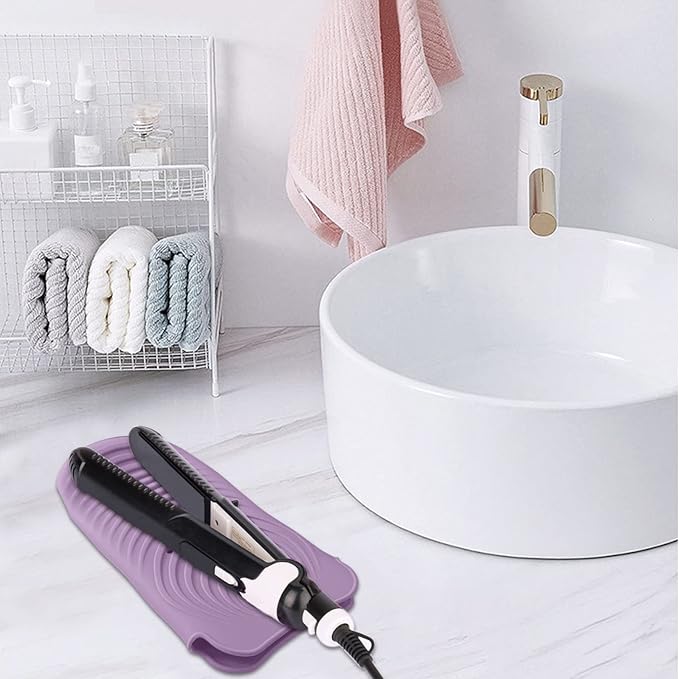 Heat Resistant Silicone Mat Pouch for Hair Styling Tools, Curling and Flat Irons Non-Slip Travel Cover, Small Portable Straightener Pad for Curler Wands Storage, Hot Waver (Purple)