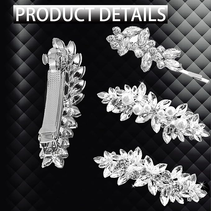 4pcs Rhinestone Pearl Wedding Hair Clips Silver New Bride Bridesmaid Spring Clips French Hairpins Elegant Floral Stylish Accessories Gift for Women Girls Leaf Style