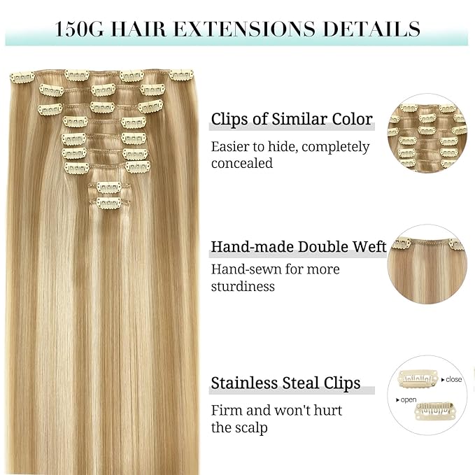 DOORES Human Hair Extensions Clip in Dark Blonde Highlighted Bleach Blonde - 150g 9pcs 16 Inch Remy Straight Natural Hair Extensions