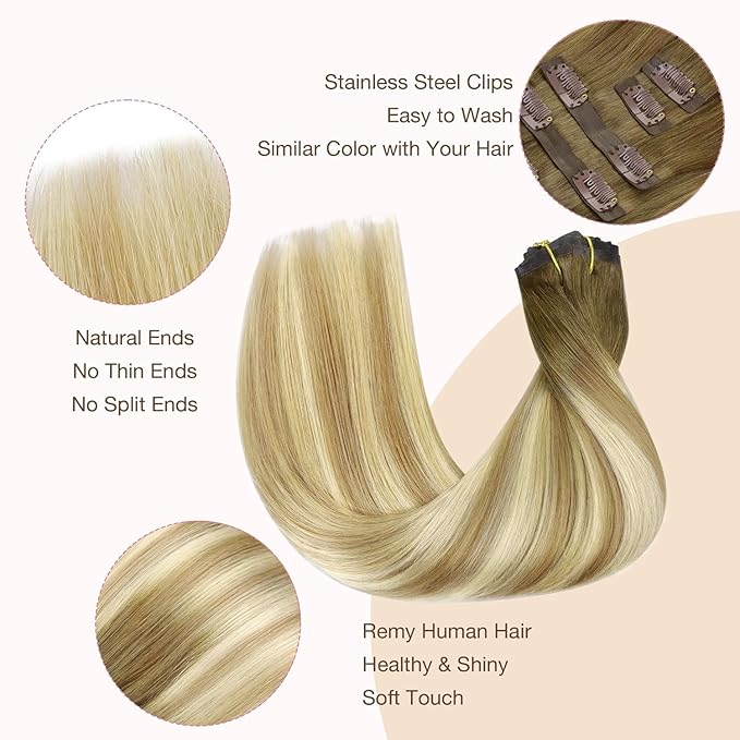 GOO GOO Clip in Hair Extensions Real Human Hair, Remy Human Hair Extensions Clip ins for Women, Natural Human Hair, 16inch 110g 7Pcs, 5A/90/16F Bahamian Balayage
