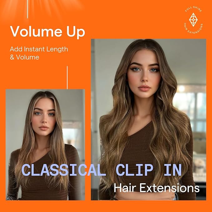Full Shine Invisible Clip in Hair Extensions Human Hair Dark Brown Ombre Caramel Blonde Clip in Extensions Real Human Hair Extensions for Wedding 22 Inch 7 Pcs 120 G