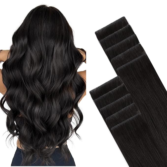GOO GOO Invisi Edge Tape in Hair Extensions Human Hair, 1B Natural black, 10pcs 14inch 25g, Virgin Remy Hair, Seamless Injected Tape, Natural Look