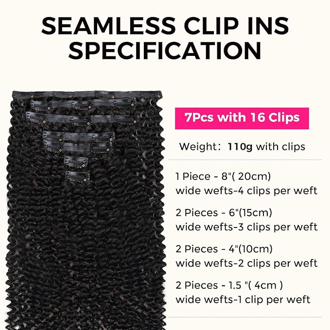 Lashey Seamless Clip in Hair Extensions Human Hair 110g 7pcs Kinky Curly Clip in Hair Extensions Real Human Hair with Soft PU Skin Weft for Women 22 Inch Natural Black