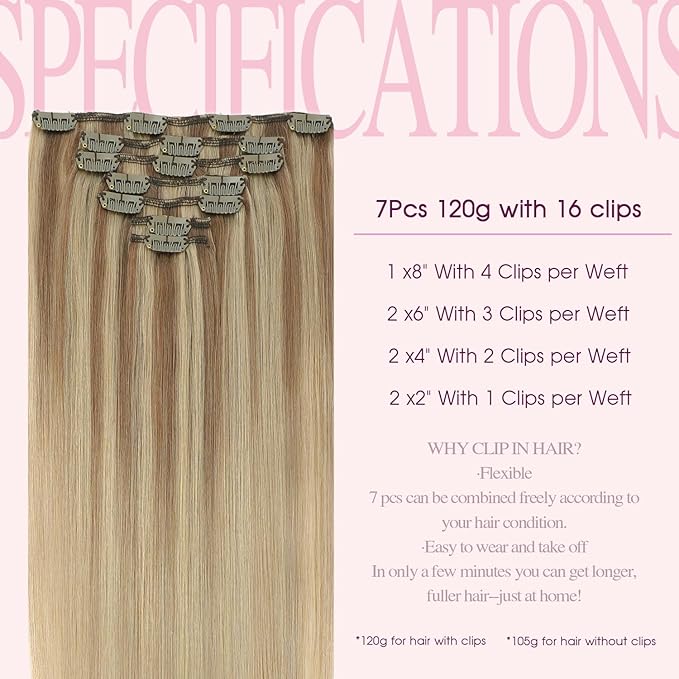 PINKPEARL Clip in Hair Extensions Real Human Hair #10/16/16 Golden Brown to Caramel Blonde Human Hair Clip in Hair Extensions 7pcs 120g 18inch Human Hair Extensios Clip ins(#10/16/16-18)