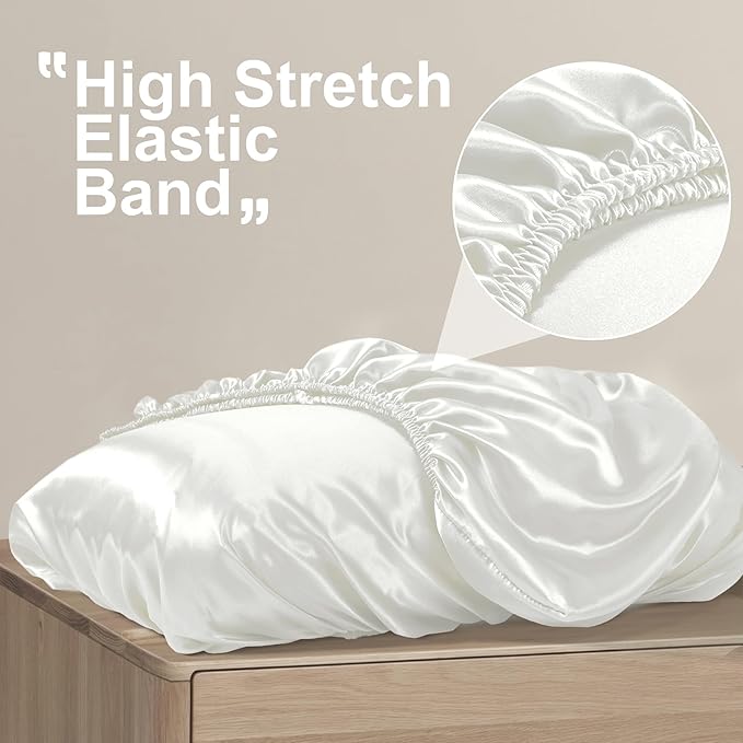 SiinvdaBZX Ivory White Satin Pillowcase Standard/Queen Size Set of 2, Silky Travel Elastic Band Satin Pillow Case for Hair and Skin, Soft Portable & Fit for Various Pillow
