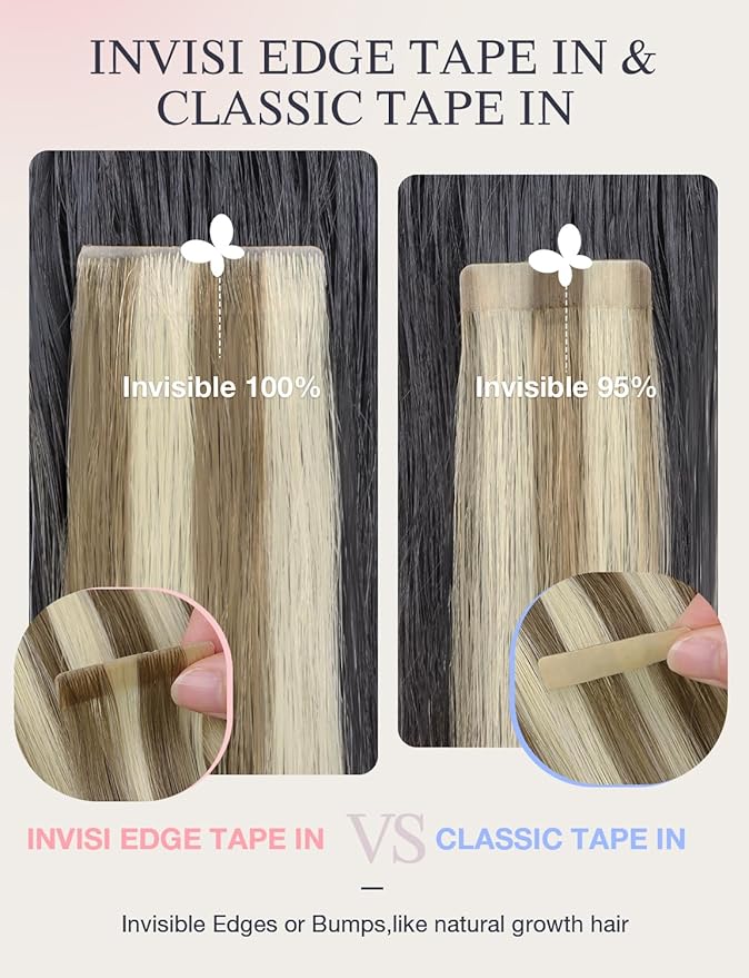 DOORES Invisi Edge Tape in Hair Extensions Human Hair, Light Brown Highlighted Medium Blonde 10 Injection Tape-ins with 10 Injection Tape-ins 50g 14 Inch, Virgin Tape in Extensions