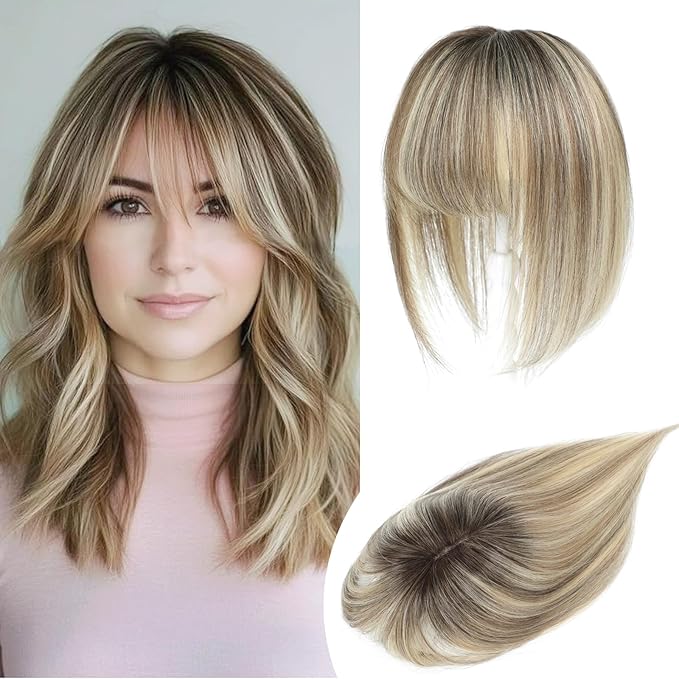 YAMI Human Hair Toppers for Women with Thinning Hair Topper with Bangs Upgrade Swiss Base 10inch Hairpiecees for Women with Hairloss (Ombre Light Brown with Blond Highlight)