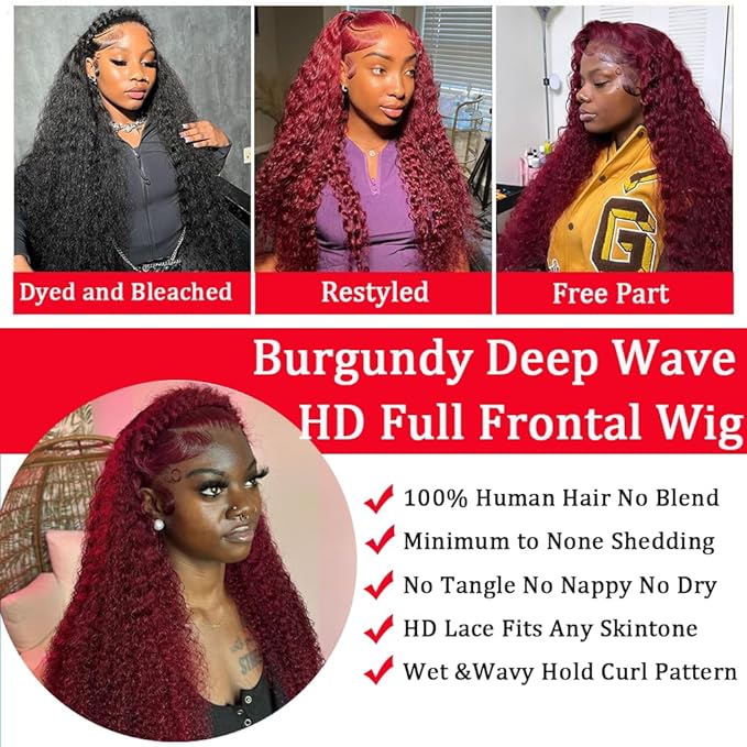 18 Inch Burgundy Deep Wave Lace Front Wigs Human Hair 13x6 HD Frontal Human Hair Red Curly Lace Front Pre Plucked Burgundy Deep Curly Wigs For Black Women 200 Density