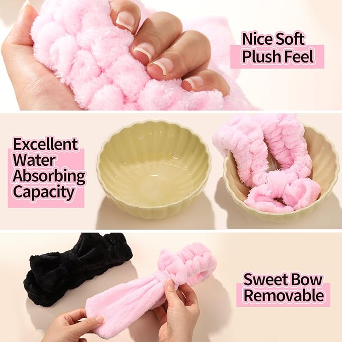 LEOBRO Spa Headband for Skin Care and Makeup, Women Teen Girls Hair Band Headbands for Washing Face, With Hair Scrunchies, Christmas Gifts for Teens (Pink & Creamy White & Black)