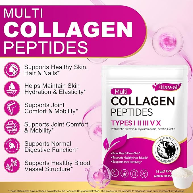 Multi Collagen Peptides Powder - Types I, II, III, V, X – Grass Fed, Pasture Raised - Supports Skin, Hair, Nails & Joints - Flavorless, Hydrolyzed, Easy to Mix - Non-GMO, Gluten-Free, Dairy-Free