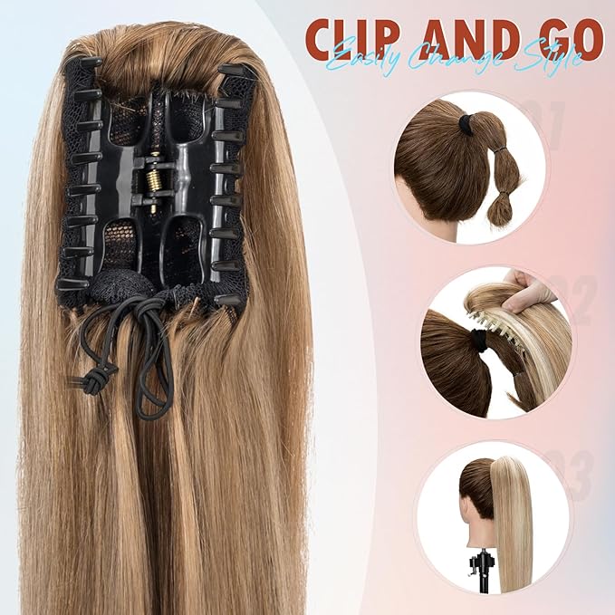 Hairro Claw Clip Ponytail Human Hair Extensions Jaw On Ponytails Remy Long Straight Jaw/Claw Clips Pony Tail Hairpieces For Women 20 Inch 120g #4P27 Medium Brown Mix Dark Blonde