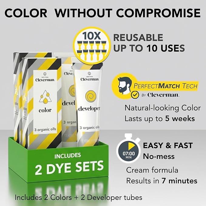 2X Pack Cleverman Hair & Beard Dye Kit for Men, All-in-One Reusable Mens Hair Color, Natural Gray Coverage, Ammonia-Free Beard Mustache Dye for Men (Black for Black Men)