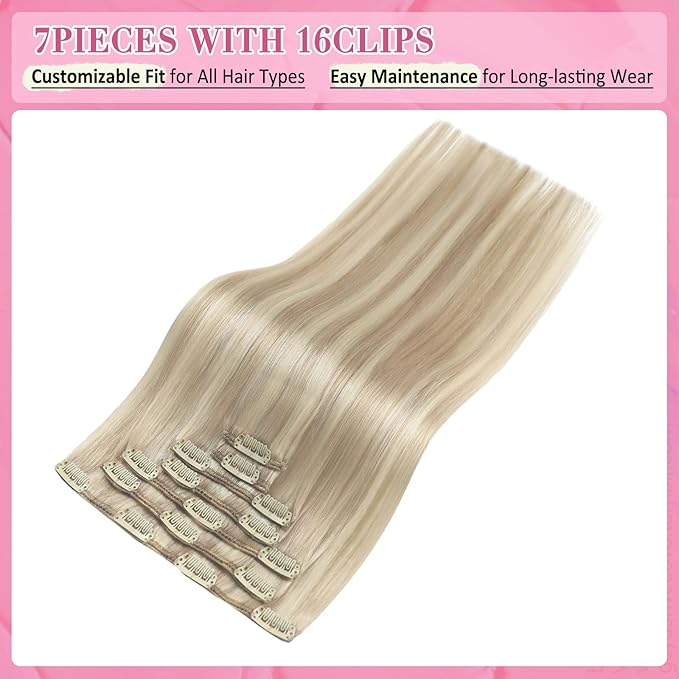 YoungSee 150G Blonde Clip in Hair Extensions Human Hair Ash Blonde Clip in Extensions Real Human Hair Warm Ash Blonde Highlights Hair Extensions Clip ins Ease of Use 20In 7Pcs