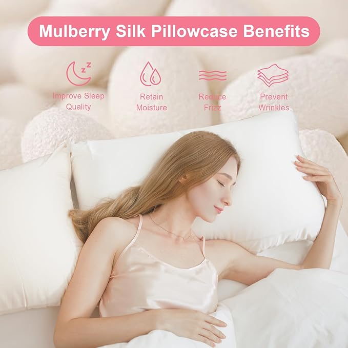 100% Silk Pillowcase 2 Pack for Hair and Skin, Both Sides 23 Momme Grade 6A+ Mulberry Silk Pillowcases with Hidden Zipper, Soft&Smooth Cooling Pillow Cases (Beige, Standard 20×26)
