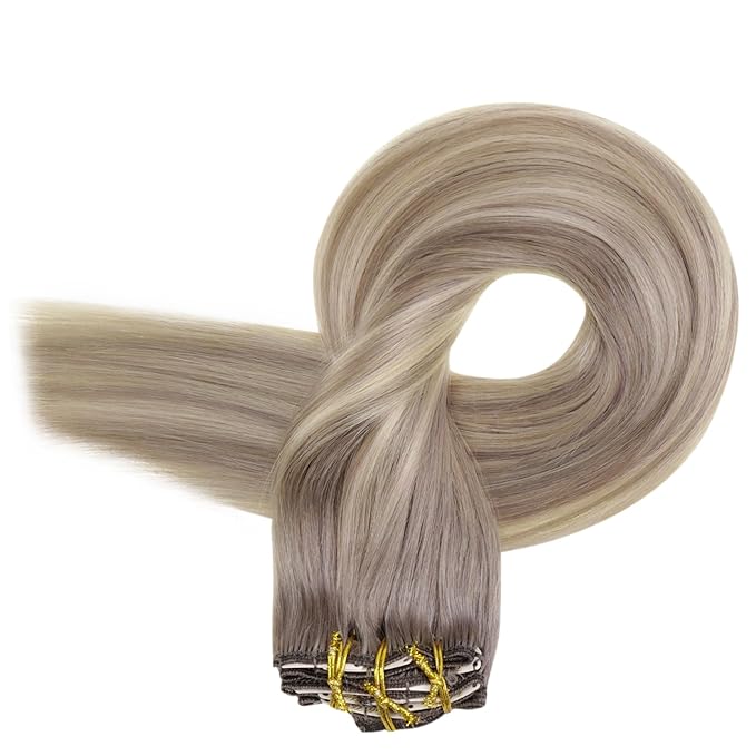 Full Shine Blonde Clip in Hair Extensions Real Hair Double Weft Clip in Extensions Balayage Ash Grey Fading to Blonde Hair Extensions for Volume 7 Pcs 14 Inch 120 G