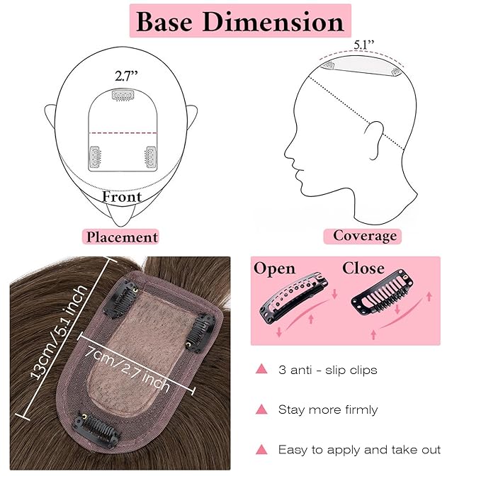 SEGO 100% Real Human Hair Toppers, with Air Bangs, Silk Base 150% Density, Clip in Topper, 2.7”x5.1”, HairPieces for Women, with Thinning/Hair Loss Cover Gray