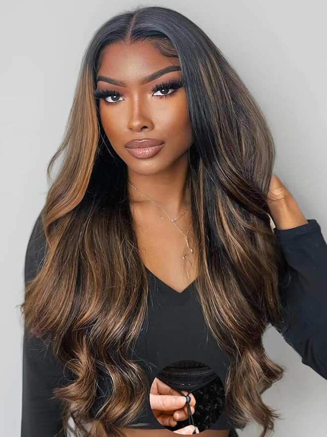 Julia Hair Bye Bye Knots Glueless Wig Highlight Balayage Brown Body Wave 7x5 Pre Cut HD Lace Front Wigs Human Hair Pre Plucked Bleached Knots Pre Everything Ready To Go Ombre Wig 20 Inch