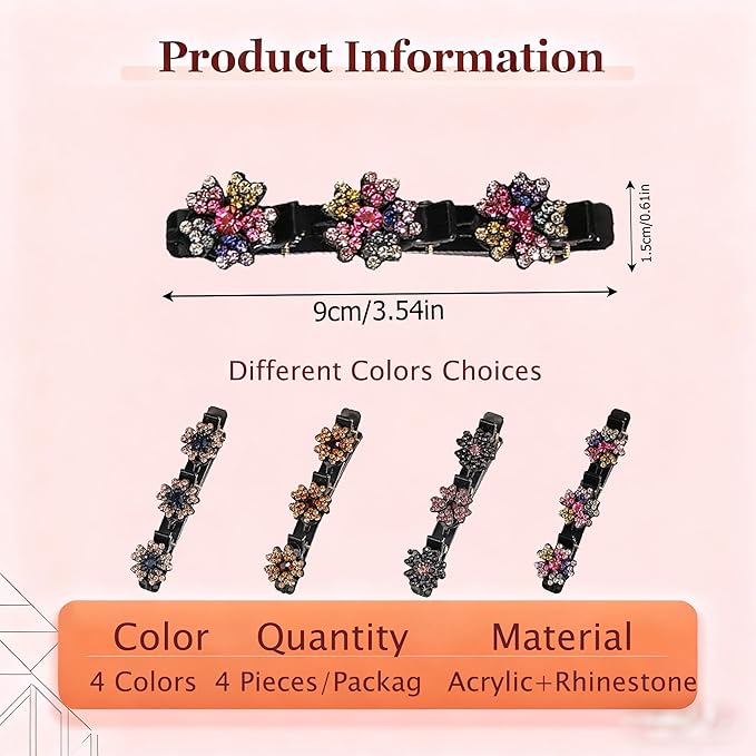 4PCS Sparkling Crystal Stone Braided Hair Clips for Women,Rhinestone Hair Clip for Short and Long Hair,Duckbill Hair Clips for Thick and Fine Hair,Hair Styling Accessories Birthday & Christmas Gifts