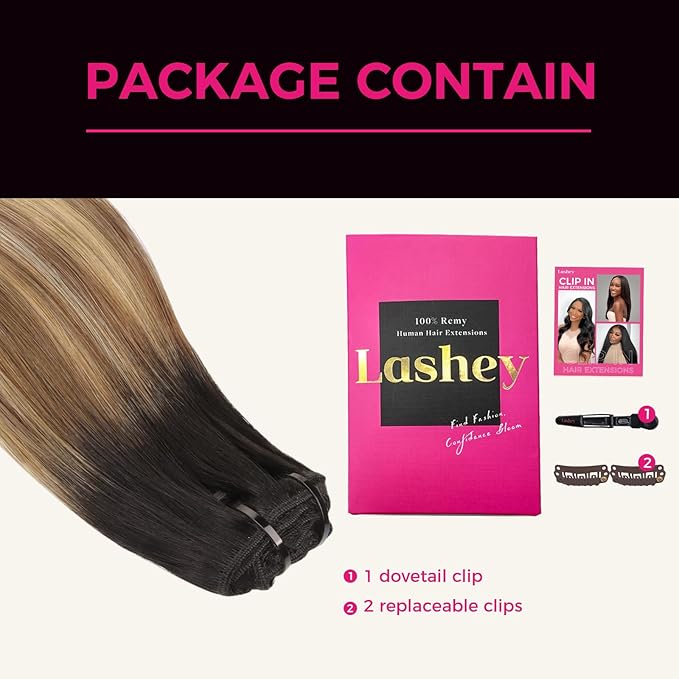 Lashey Clip in Hair Extensions Human Hair Straight 120g 7pcs Classic Clip in Hair Extensions Balayage Ash Brown to Honey Blonde with Dark Root 14 Inch Soft Hair for Women