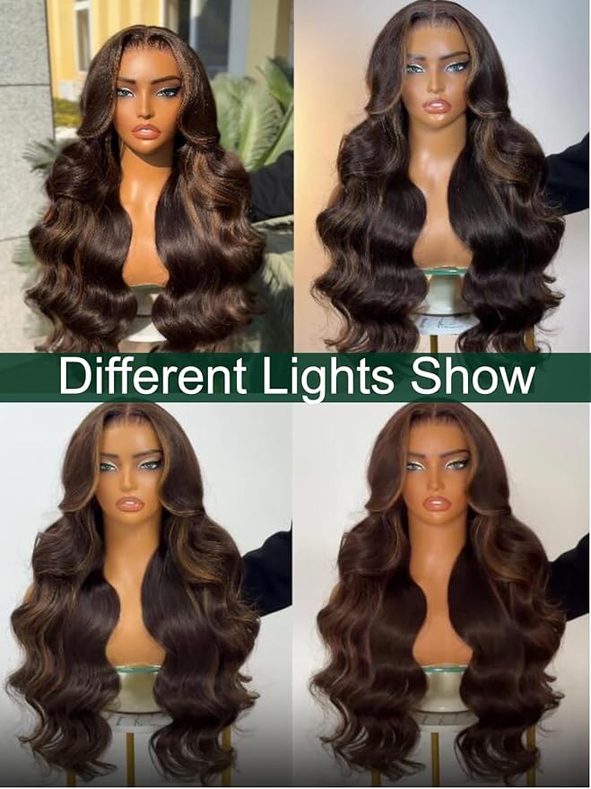 KLAIYI 13x4 Pre Everything Lace Front Chocolate Brown With Highlights Loose Body Wave Wig Human Hair Pre Cut Lace Pre Bleached Bye Bye Knots Pre Plucked Ombre Glueless Wear Go Wig Ready to Wear 26Inch