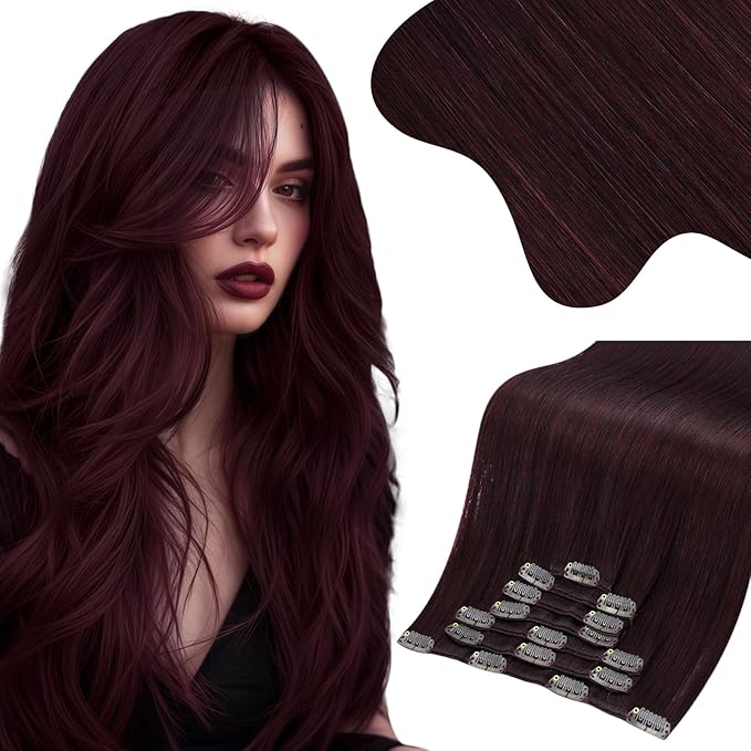 Moresoo Human Hair Clip in Extensions Dark Red Remy Clip in Human Hair Extensions Burgundy Hair Extensions Real Human Hair Clip ins Double Weft Red Wine #99J 7pcs 150g 24inch