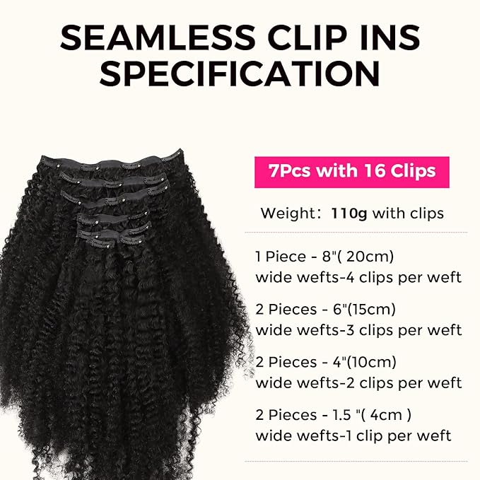 Lashey Seamless Clip in Hair Extensions Real Human Hair 16 Inch 110g 7pcs Afro Kinky Curly Human Hair Clip In Extensions 4C Natural Black Hair