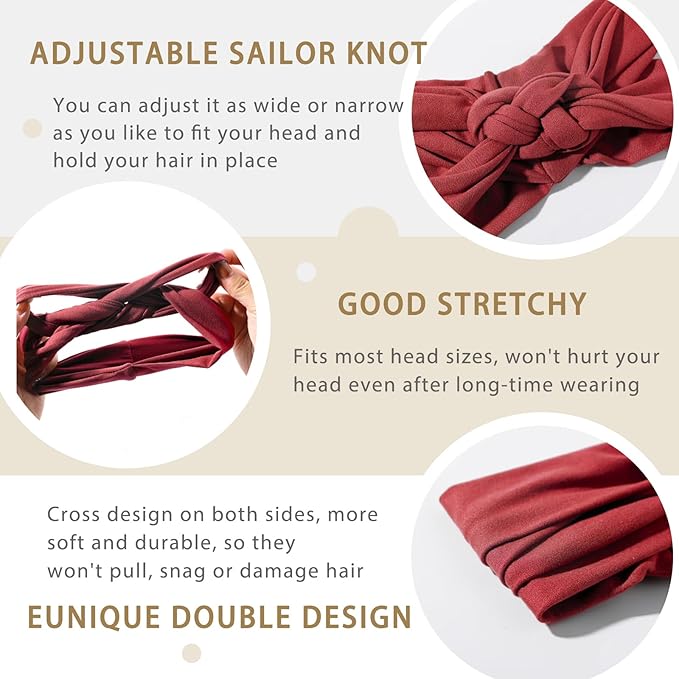 Vercret Headbands for Women Sailor Knot Headband Black Double Wide Elastic Adjustable Braided Hair Bands Non Slip for Girls Boho Stretchy Turban Headwrap Yoga Workout,Solid Color, 3Pcs