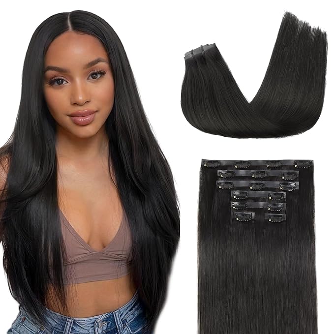 Lashey Seamless Clip in Hair Extensions Human Hair 120g 7pcs Straight Thick Remy Human Clip in Hair Extensions with Full End 20 Inch Natural Black