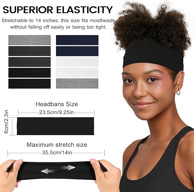 10 PCS Headbands for Women - Fashion Non Slip Cotton Headbands for Women and Men Perfect for Sports and Outdoor Activities in Summer,Including Running, Yoga, Cycling, Gym Workouts