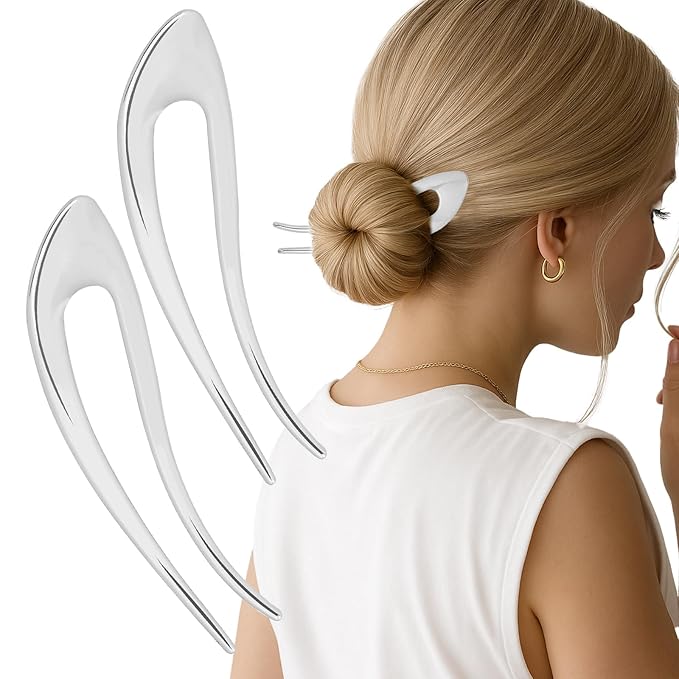 2PCS 5Inch French Hair Pins Large U-Shaped Pins for Women and Girls Fashion Metal Hair Pin French Twist Hair Pins for Buns, Updos,Stylish and Functional(set6-silver)
