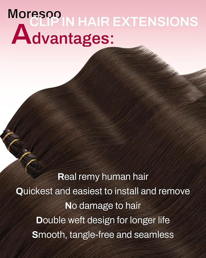 Moresoo Brown Hair Extensions Clip in Real Human Hair Medium Brown Remy Clip in Hair Extensions Human Hair #4 7pcs 120Grams 24inch