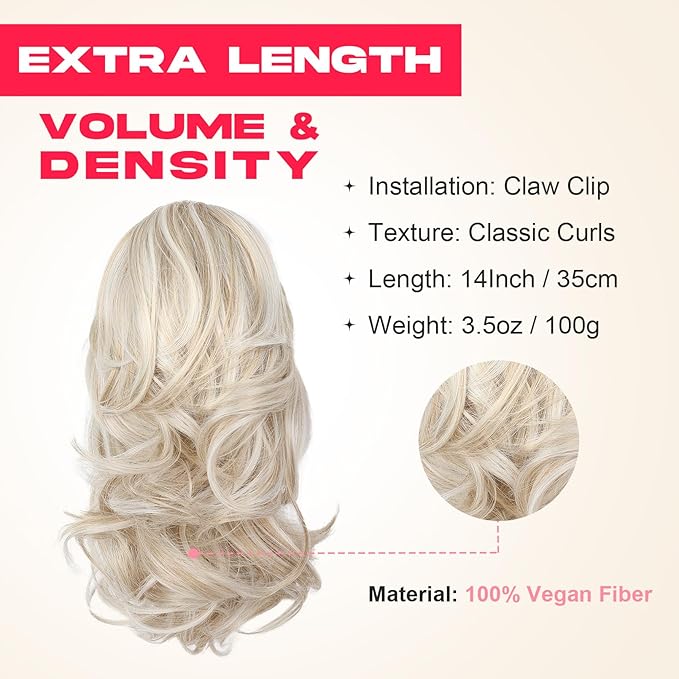 Ponytail Extension - 14" Claw Clip in Ponytail Hair Extensions Natural Soft Synthetic Layered Wavy Pony Tail Hair Pieces for Women - Ash Blonde with Highlights