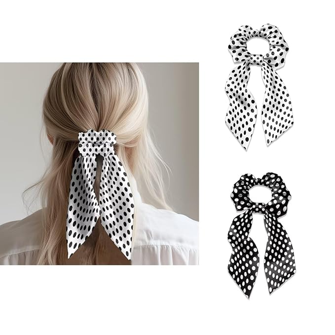 White Black Ribbon Bow Elastic Hair Ties for Women 2 Pack Polka Dot Knotted Bow for Women Travel No Damage Scarf Scrunchy for Thick Hair