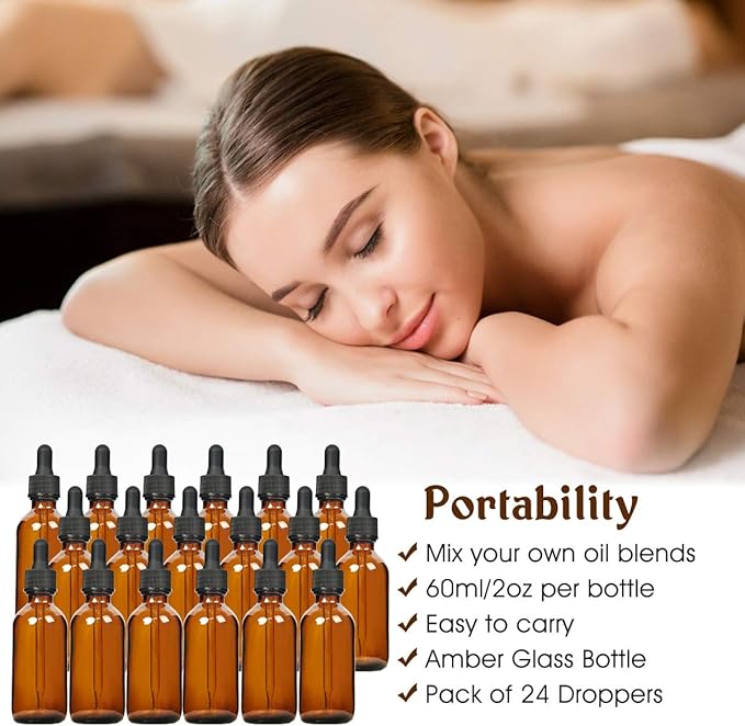 Eternal Moment 2 oz Eye Dropper Bottle(24 Pack), 60ml Amber Glass Bottles with Glass Eye Dropper for Essential Oils, Chemistry Lab Chemicals, Colognes & Perfumes